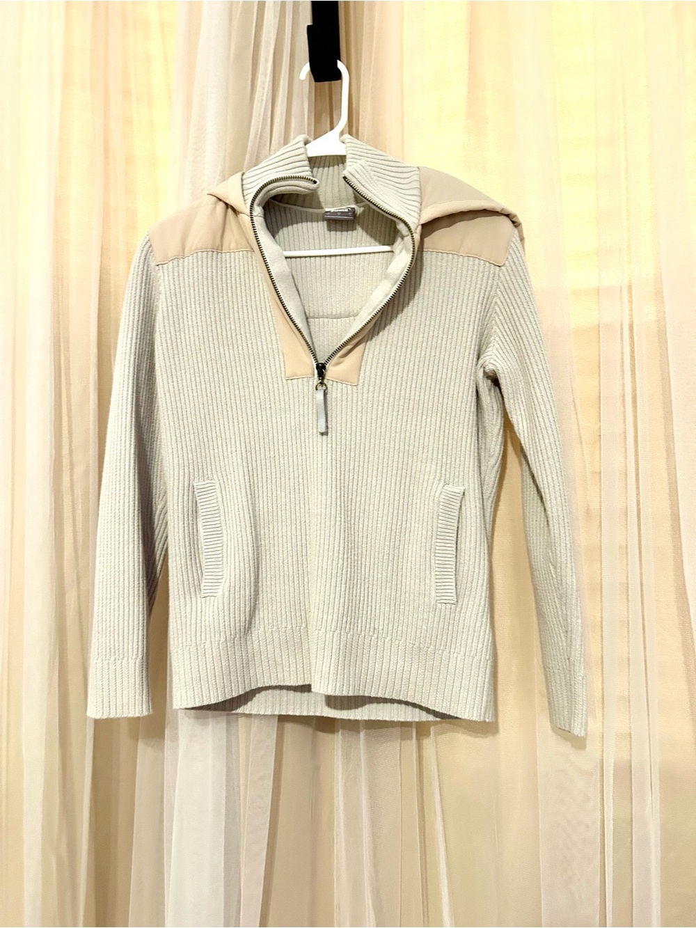 Puma Cream Ribbed Quarter-Zip Sweater with Tan Shoulder Panels